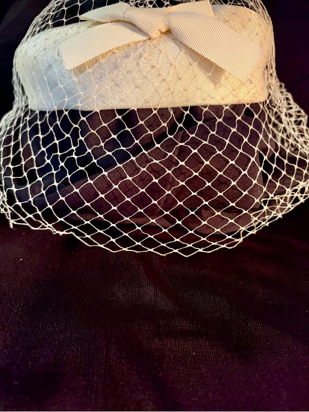 Vintage Ivory and Plum Pillbox Hat with Veil -Vintage but New
